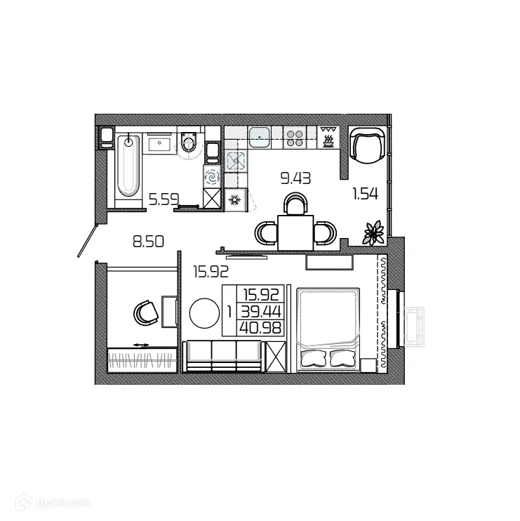 Планировка 1-комнатной квартиры 40.98 м² в ЖК СЕЛЕНА, г. Волгоград — фото 2