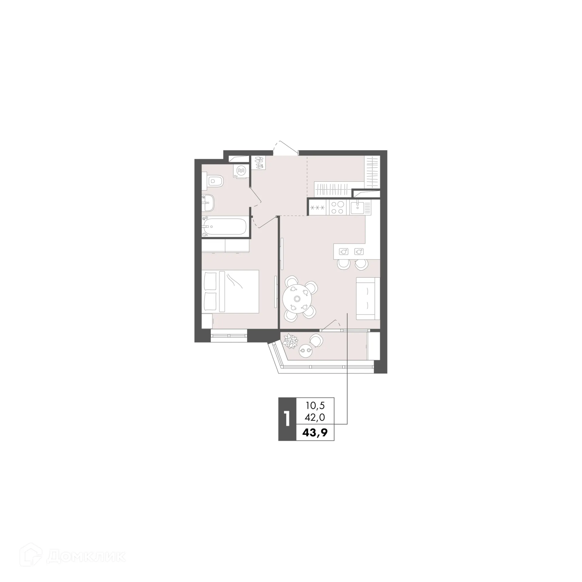 Планировка 1-комнатной квартиры 43.9 м² в ЖК Маяк на Двинской, г. Волгоград — фото 23