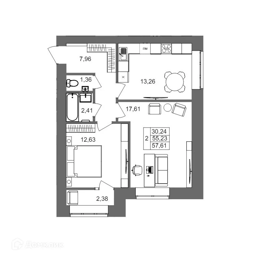 Планировка 2-комнатной квартиры 57.61 м² в ЖК Клубный дом на Жукова, г. Волгоград — фото 2