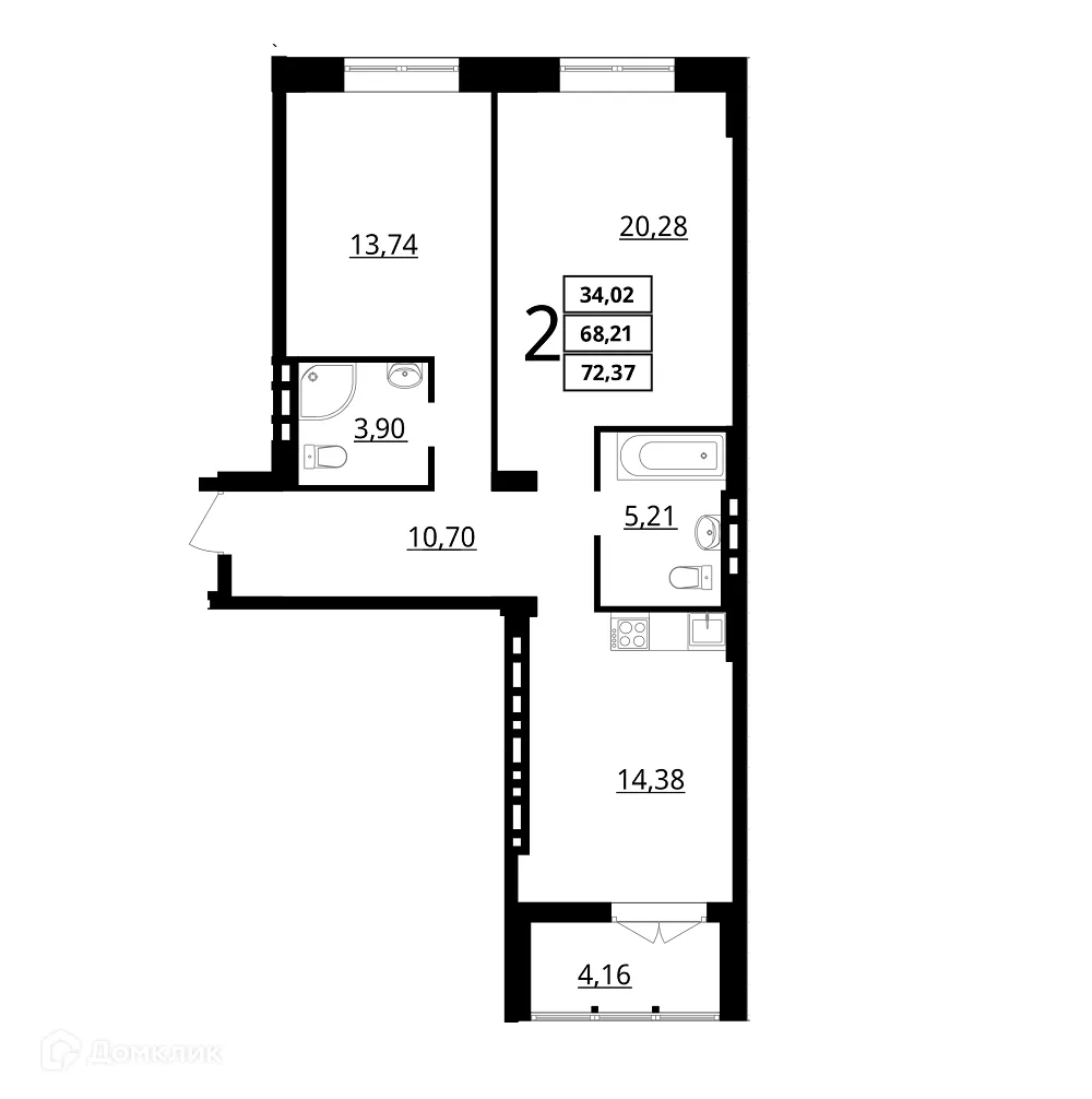 Планировка 2-комнатной квартиры 72.37 м² в ЖК "Резиденция", г. Волгоград — фото 1