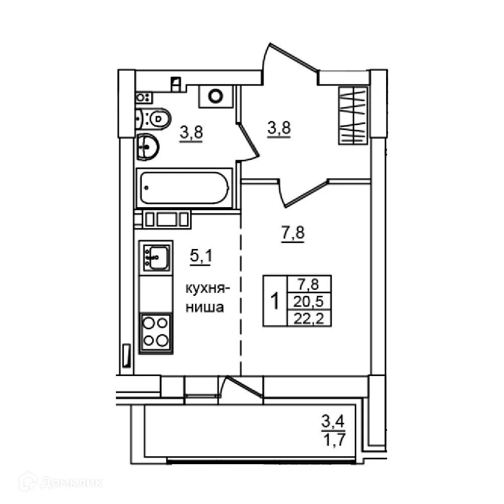 Планировка 1-комнатной квартиры 22.2 м² в ЖК Сталь, г. Волгоград — фото 1