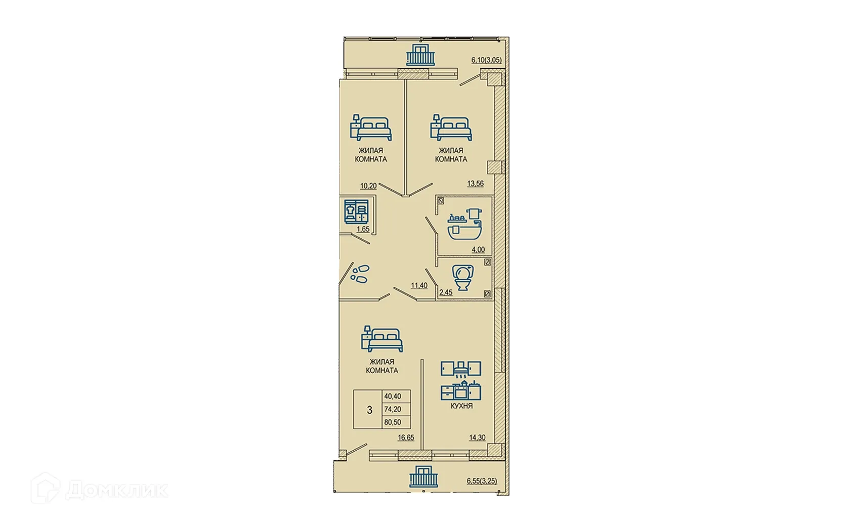 Планировка 3-комнатной квартиры 80.5 м² в ЖК Петровский парк, г. Волгоград — фото 1
