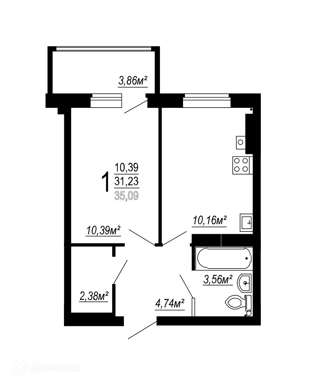 Планировка 1-комнатной квартиры 35.09 м² в ЖК по улице Полины Осипенко, г. Волгоград — фото 1