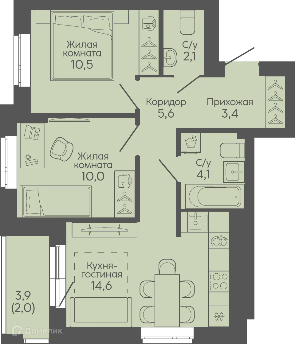 Планировка 2-комнатной квартиры 52.3 м² в ЖК Крылья Качи, г. Волгоград — фото 1