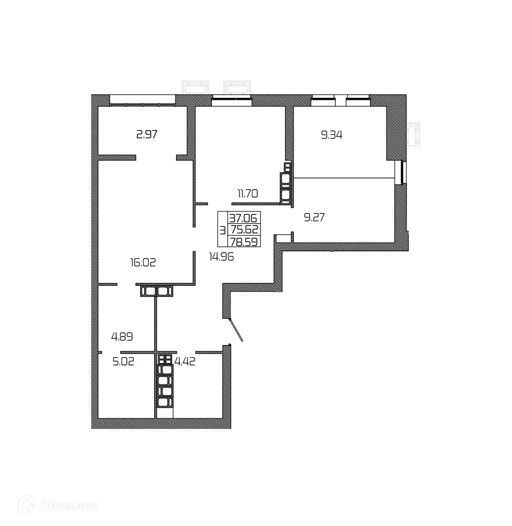 Планировка 3-комнатной квартиры 78.59 м² в ЖК СЕЛЕНА, г. Волгоград — фото 12