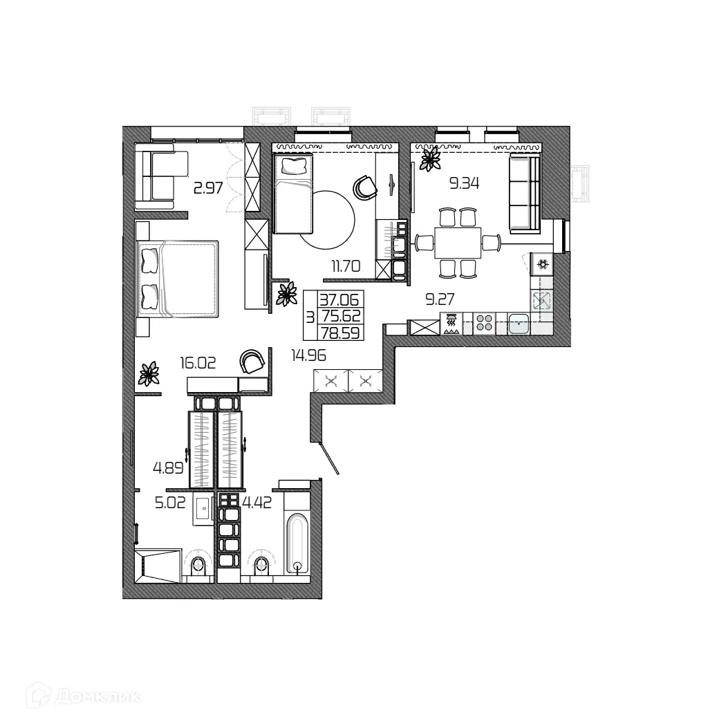 Планировка 3-комнатной квартиры 78.59 м² в ЖК СЕЛЕНА, г. Волгоград — фото 13