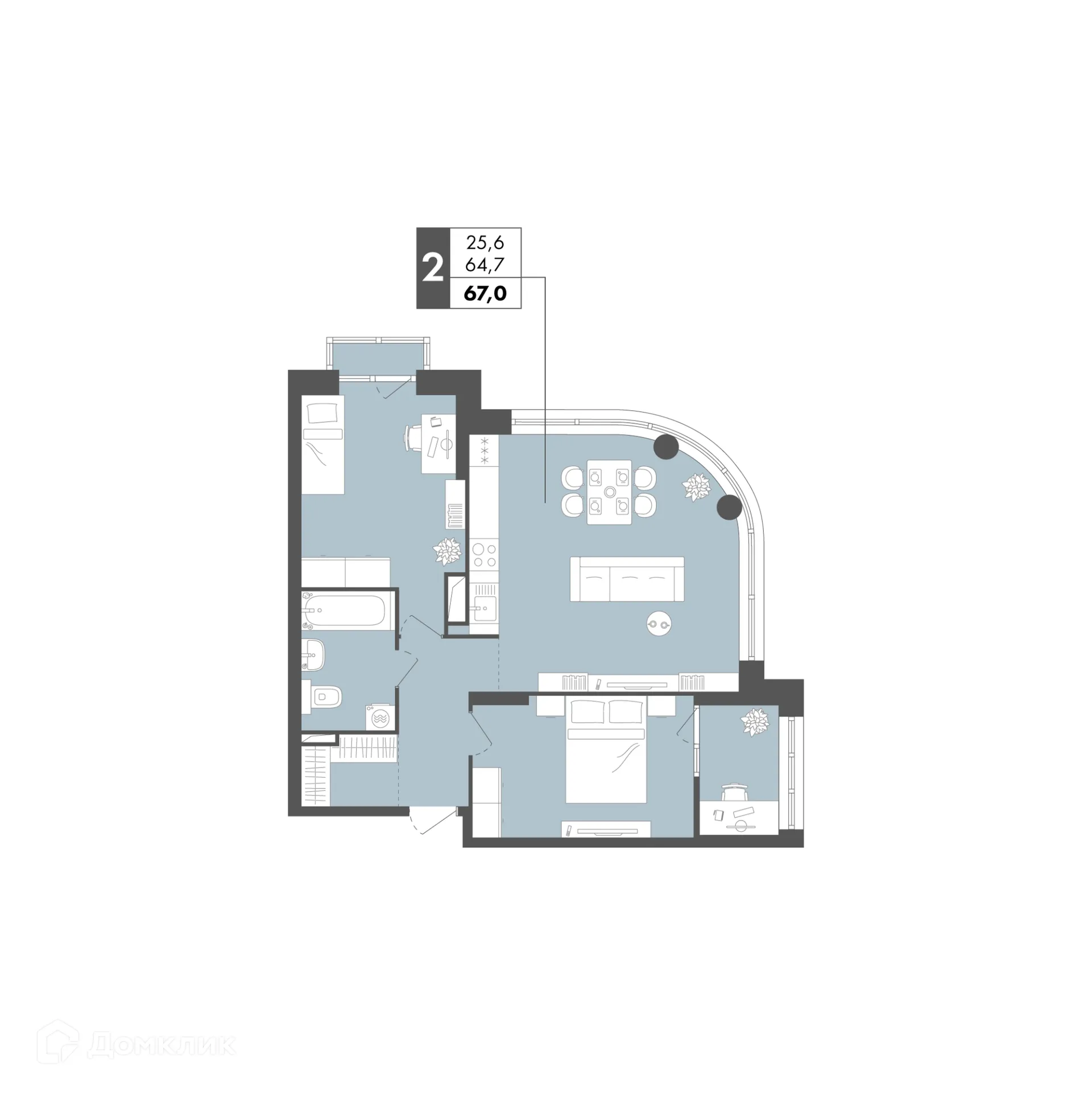 Планировка 2-комнатной квартиры 67 м² в ЖК Маяк на Двинской, г. Волгоград — фото 21