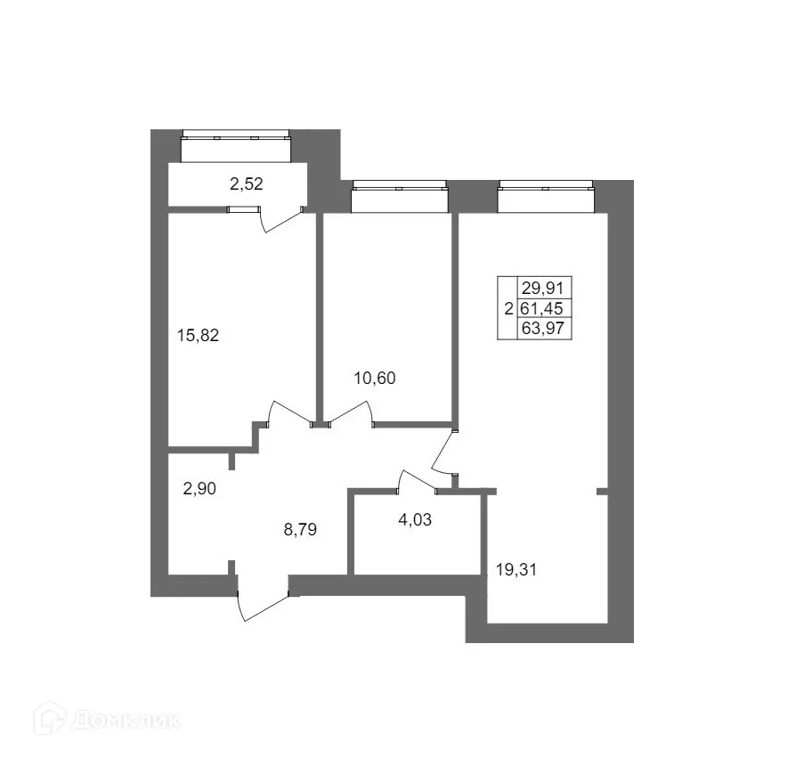 Планировка 2-комнатной квартиры 63.97 м² в ЖК Клубный дом на Жукова, г. Волгоград — фото 11