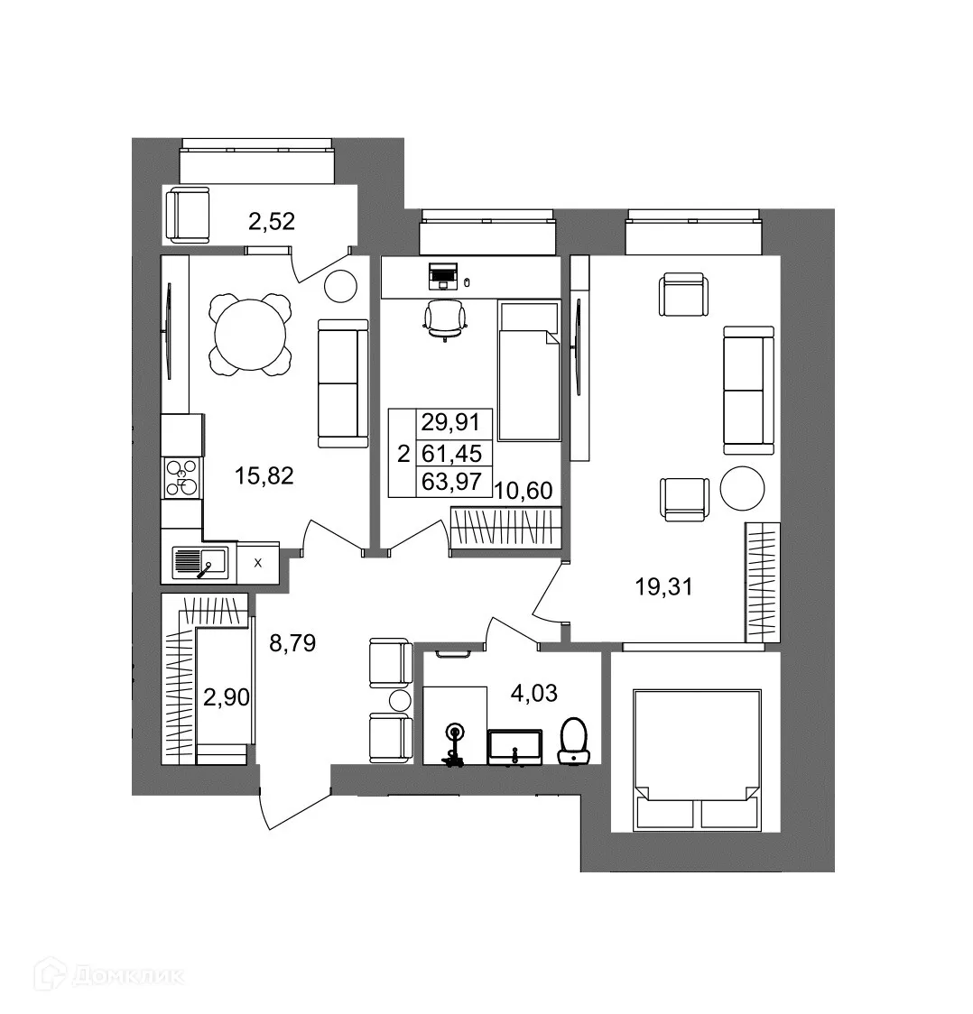 Планировка 2-комнатной квартиры 63.97 м² в ЖК Клубный дом на Жукова, г. Волгоград — фото 12