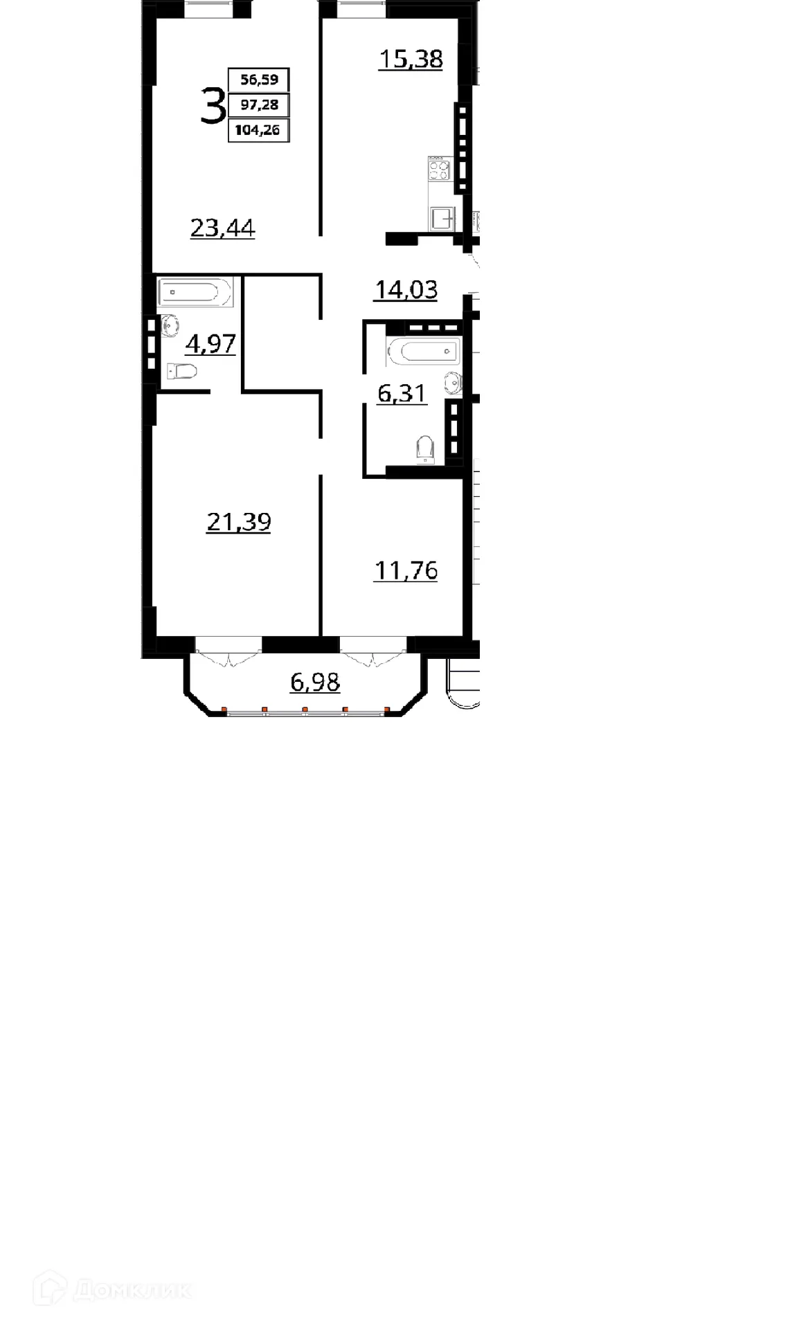Планировка 3-комнатной квартиры 104.26 м² в ЖК "Резиденция", г. Волгоград — фото 1