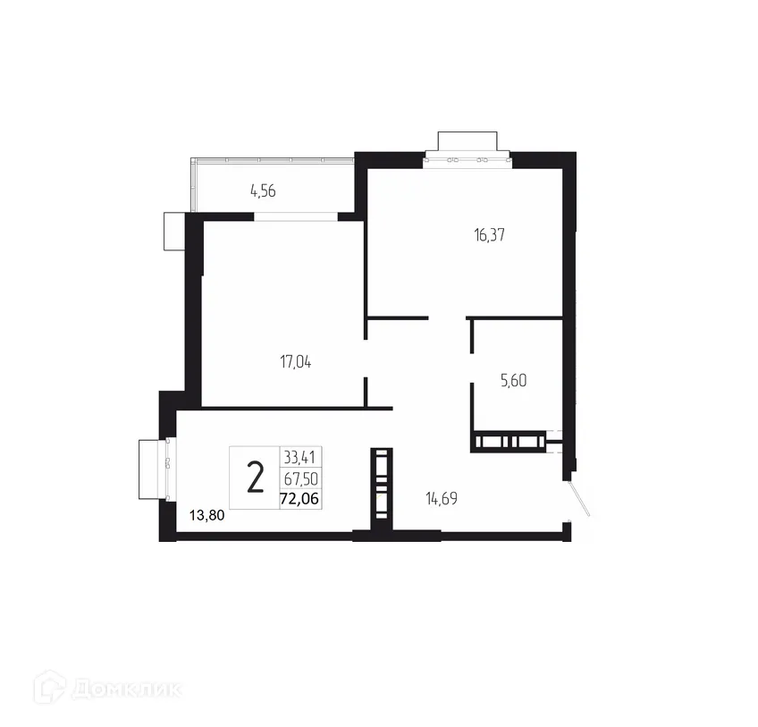 Планировка 2-комнатной квартиры 72.06 м² в ЖК ДУЭТ, г. Волгоград — фото 1
