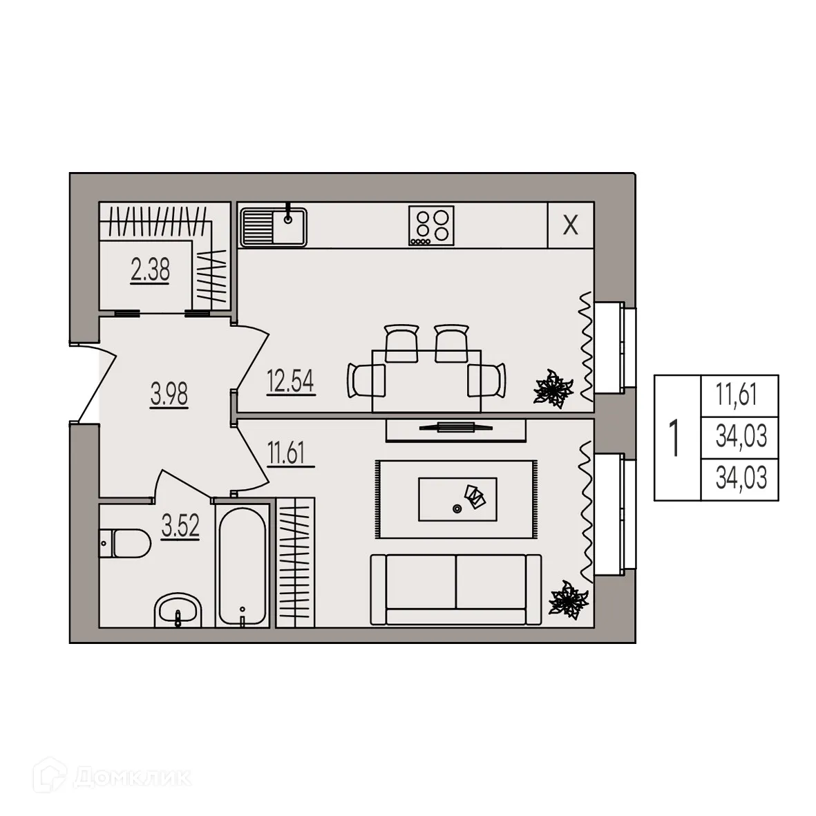 Планировка 1-комнатной квартиры 34.03 м² в ЖК Герои, г. Волгоград — фото 3