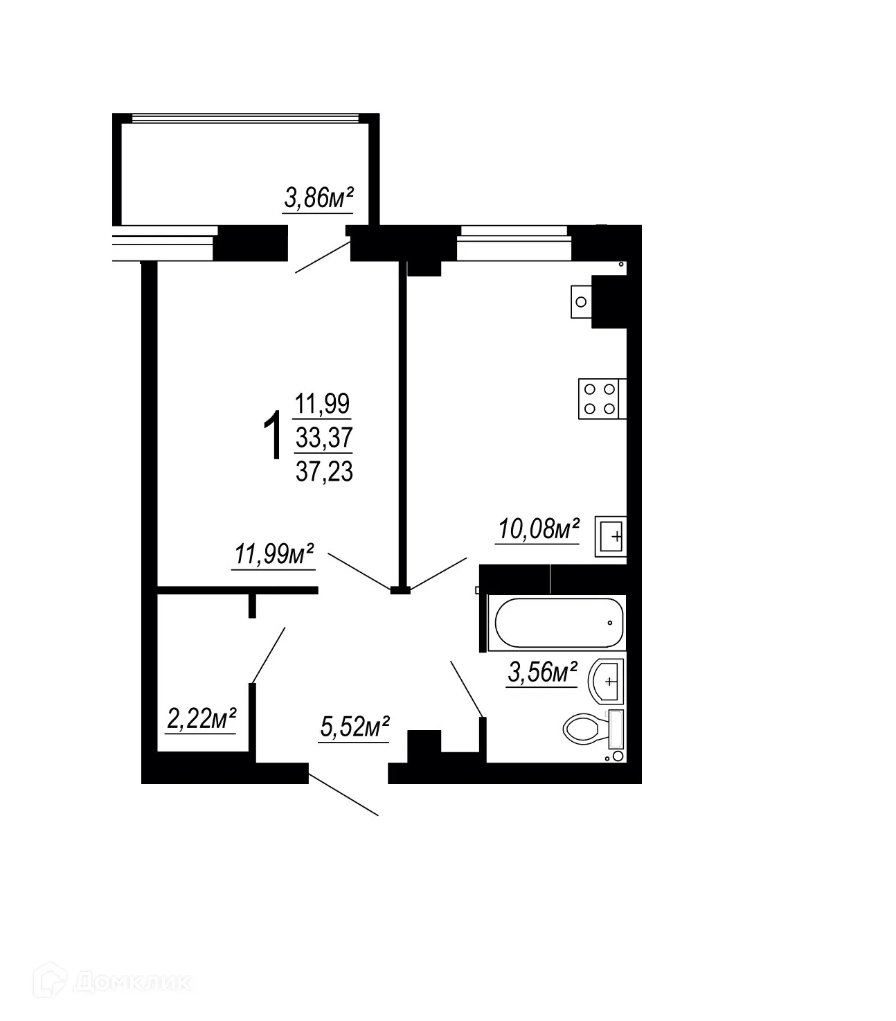 Планировка 1-комнатной квартиры 37.23 м² в ЖК по улице Полины Осипенко, г. Волгоград — фото 1