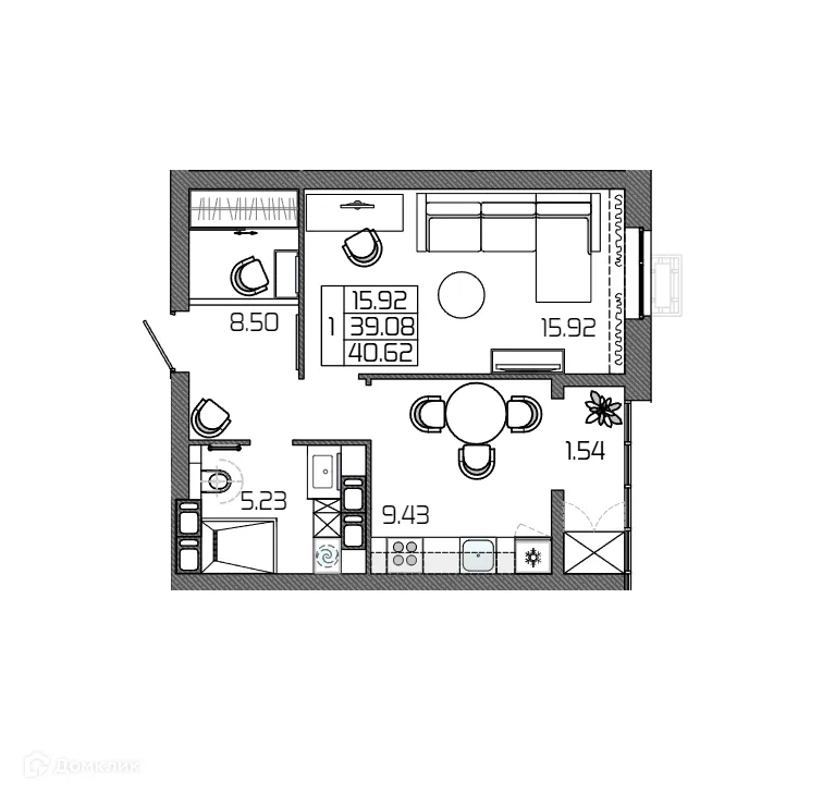 Планировка 1-комнатной квартиры 40.62 м² в ЖК СЕЛЕНА, г. Волгоград — фото 2