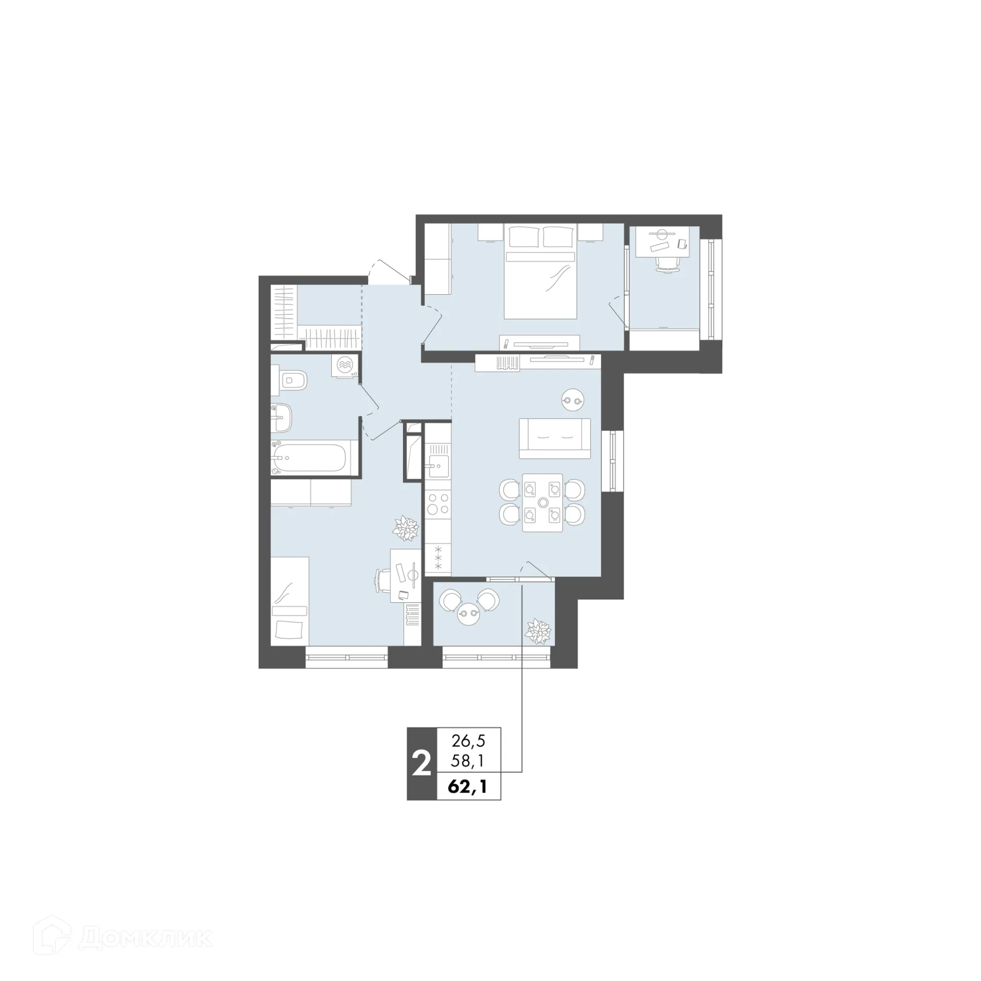 Планировка 2-комнатной квартиры 62.1 м² в ЖК Маяк на Двинской, г. Волгоград — фото 26