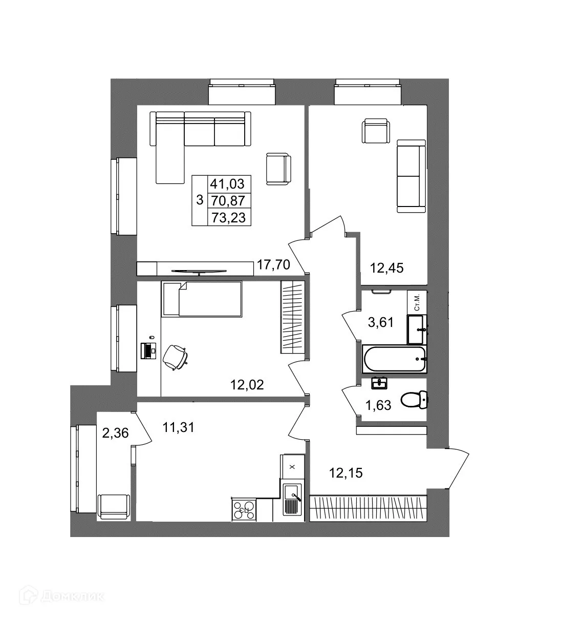 Планировка 3-комнатной квартиры 73.23 м² в ЖК Клубный дом на Жукова, г. Волгоград — фото 12