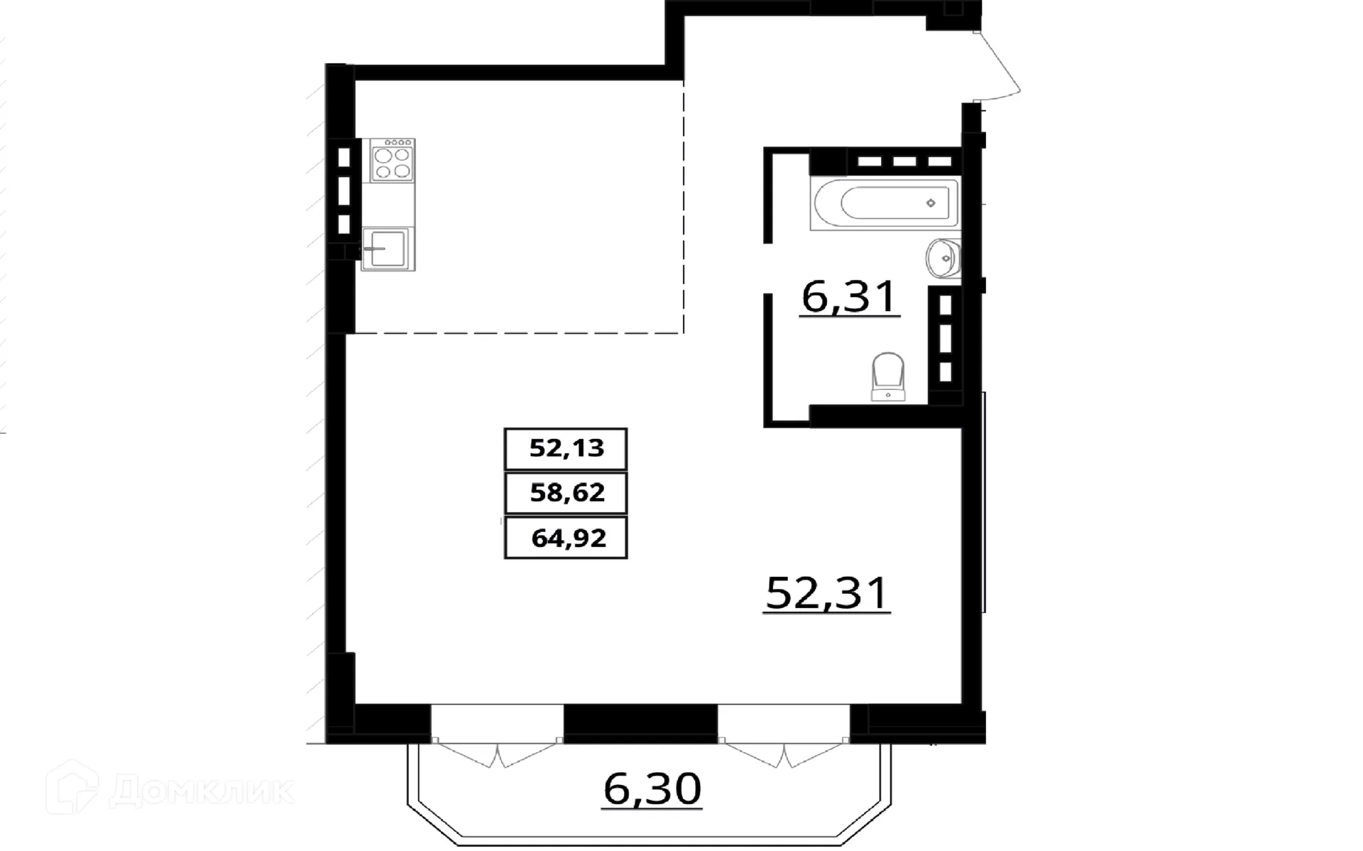 Планировка студии квартиры 64.92 м² в ЖК "Резиденция", г. Волгоград — фото 3
