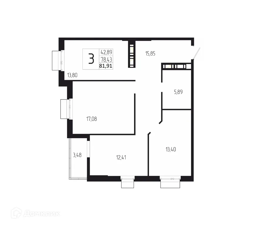 Планировка 3-комнатной квартиры 81.91 м² в ЖК ДУЭТ, г. Волгоград — фото 1