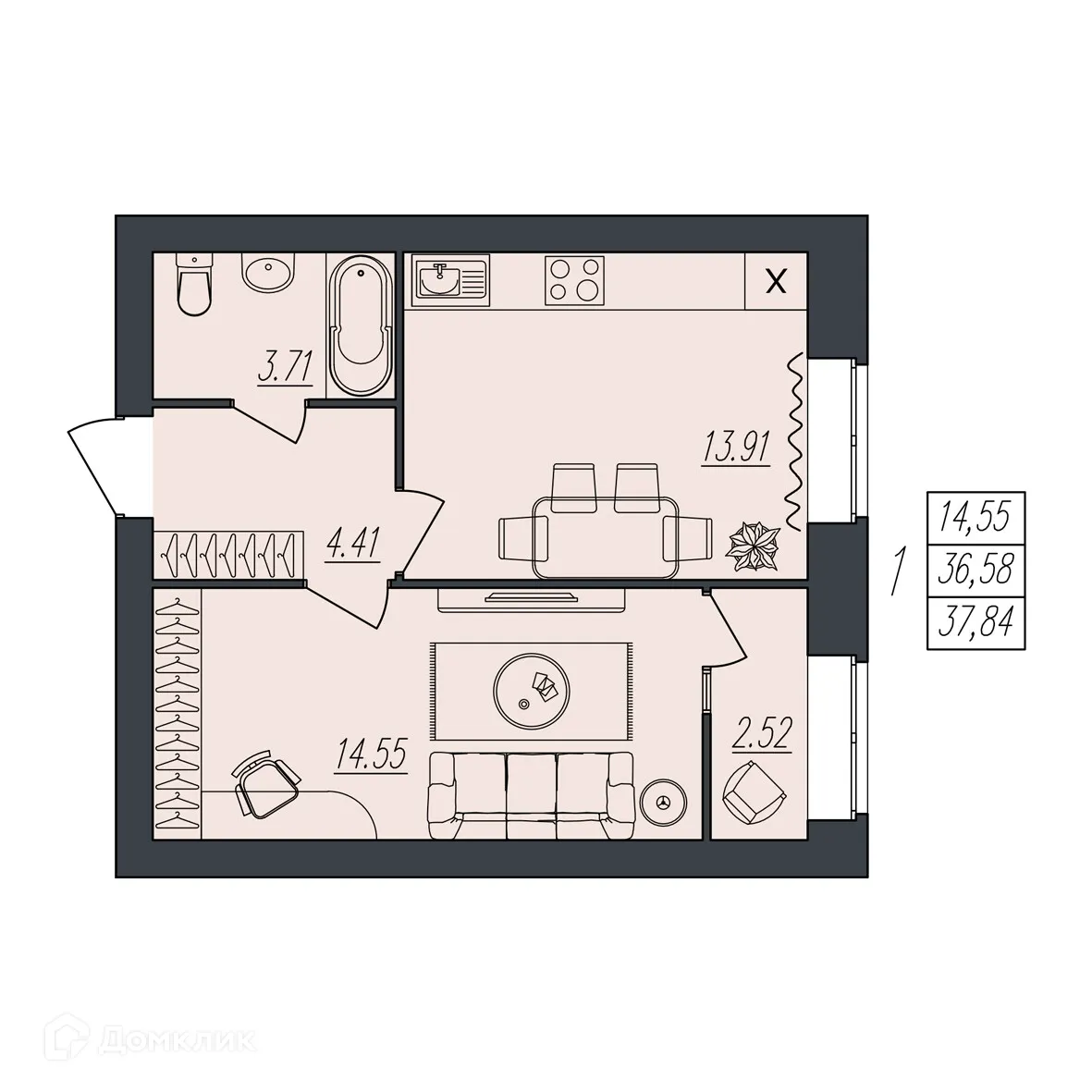 Планировка 1-комнатной квартиры 37.84 м² в ЖК на Атласова, г. Волгоград — фото 3