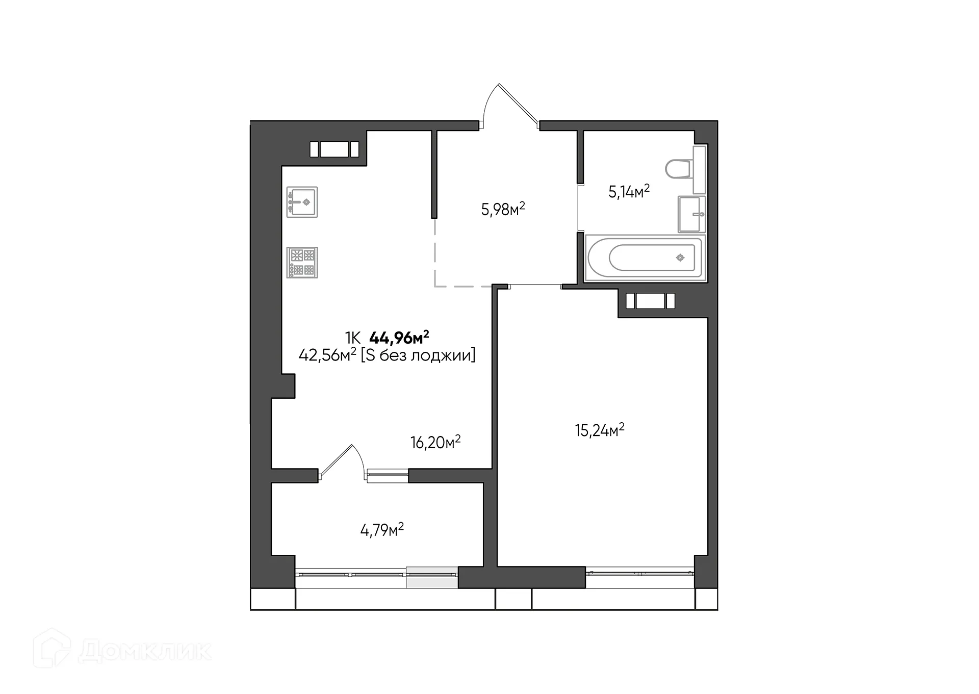 Планировка 1-комнатной квартиры 44.96 м² в ЖК URBN (Урбн), г. Волгоград — фото 2