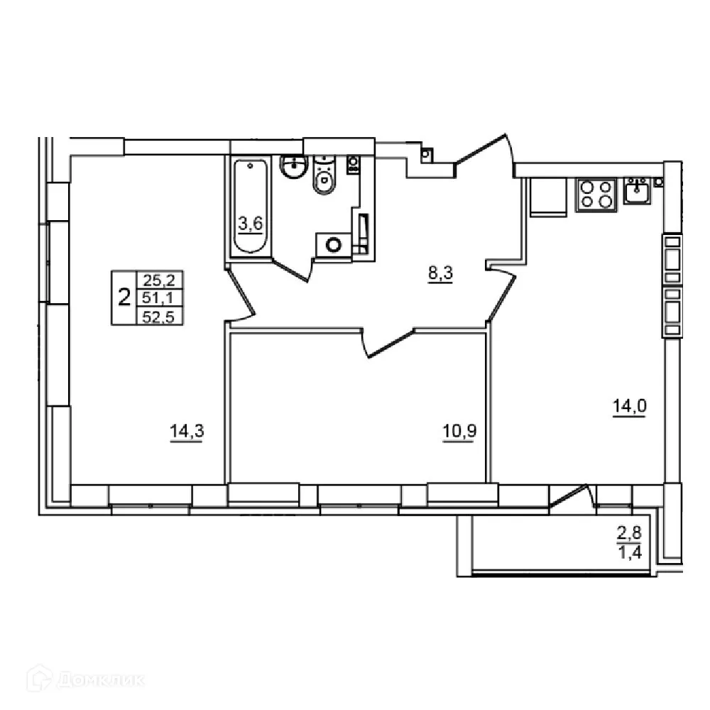 Планировка 2-комнатной квартиры 52.5 м² в ЖК Сталь, г. Волгоград — фото 1