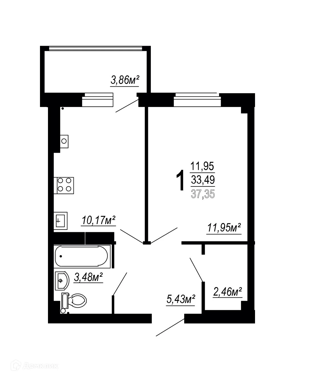 Планировка 1-комнатной квартиры 37.35 м² в ЖК по улице Полины Осипенко, г. Волгоград — фото 8