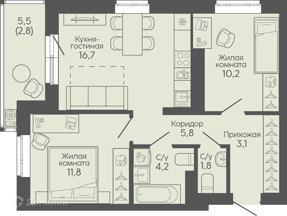 Планировка 2-комнатной квартиры 56.4 м² в ЖК Крылья Качи, г. Волгоград — фото 1