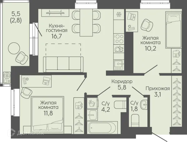 Планировка 2 комн. в ЖК Крылья Качи