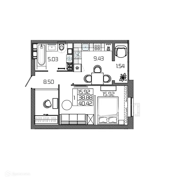 Планировка 1-комнатной квартиры 40.42 м² в ЖК СЕЛЕНА, г. Волгоград — фото 2