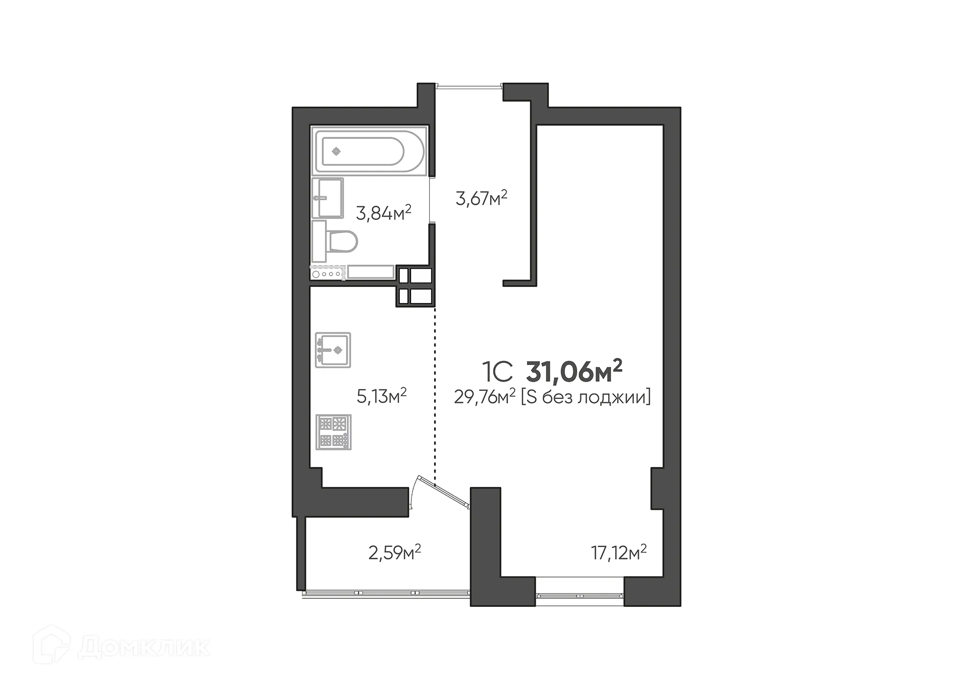 Планировка студии квартиры 31.06 м² в ЖК Парк Европейский, г. Волгоград — фото 13