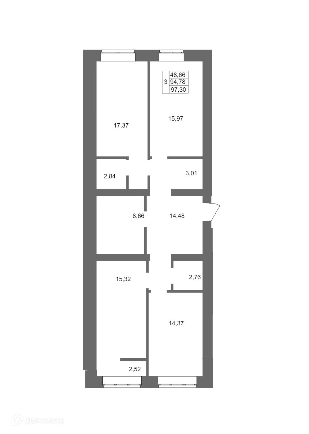 Планировка 3-комнатной квартиры 97.3 м² в ЖК Клубный дом на Жукова, г. Волгоград — фото 11