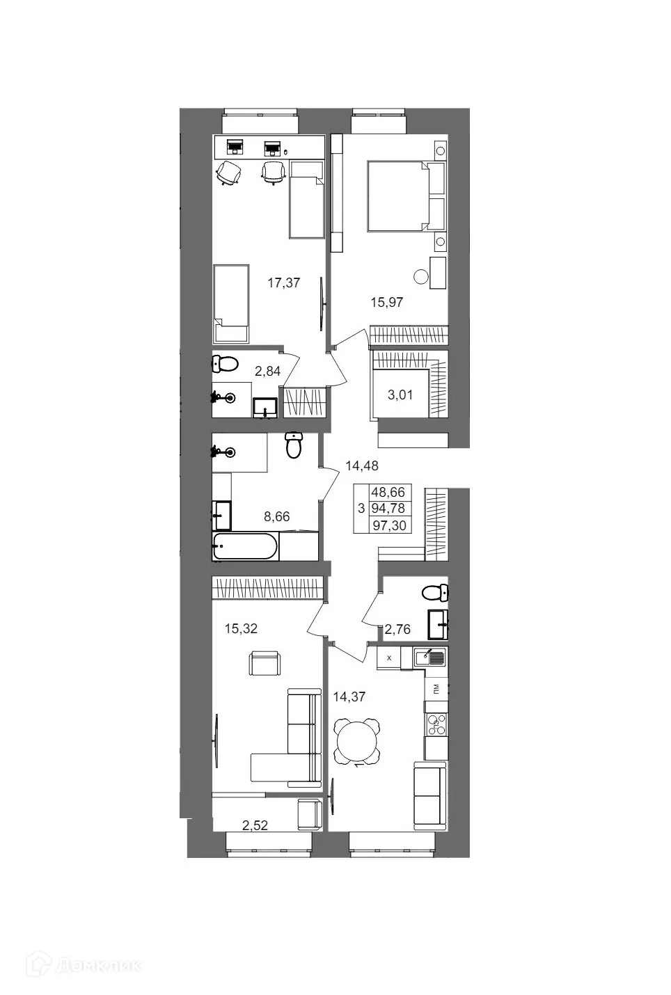 Планировка 3-комнатной квартиры 97.3 м² в ЖК Клубный дом на Жукова, г. Волгоград — фото 12