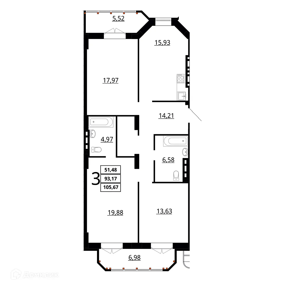 Планировка 3-комнатной квартиры 105.67 м² в ЖК "Резиденция", г. Волгоград — фото 1