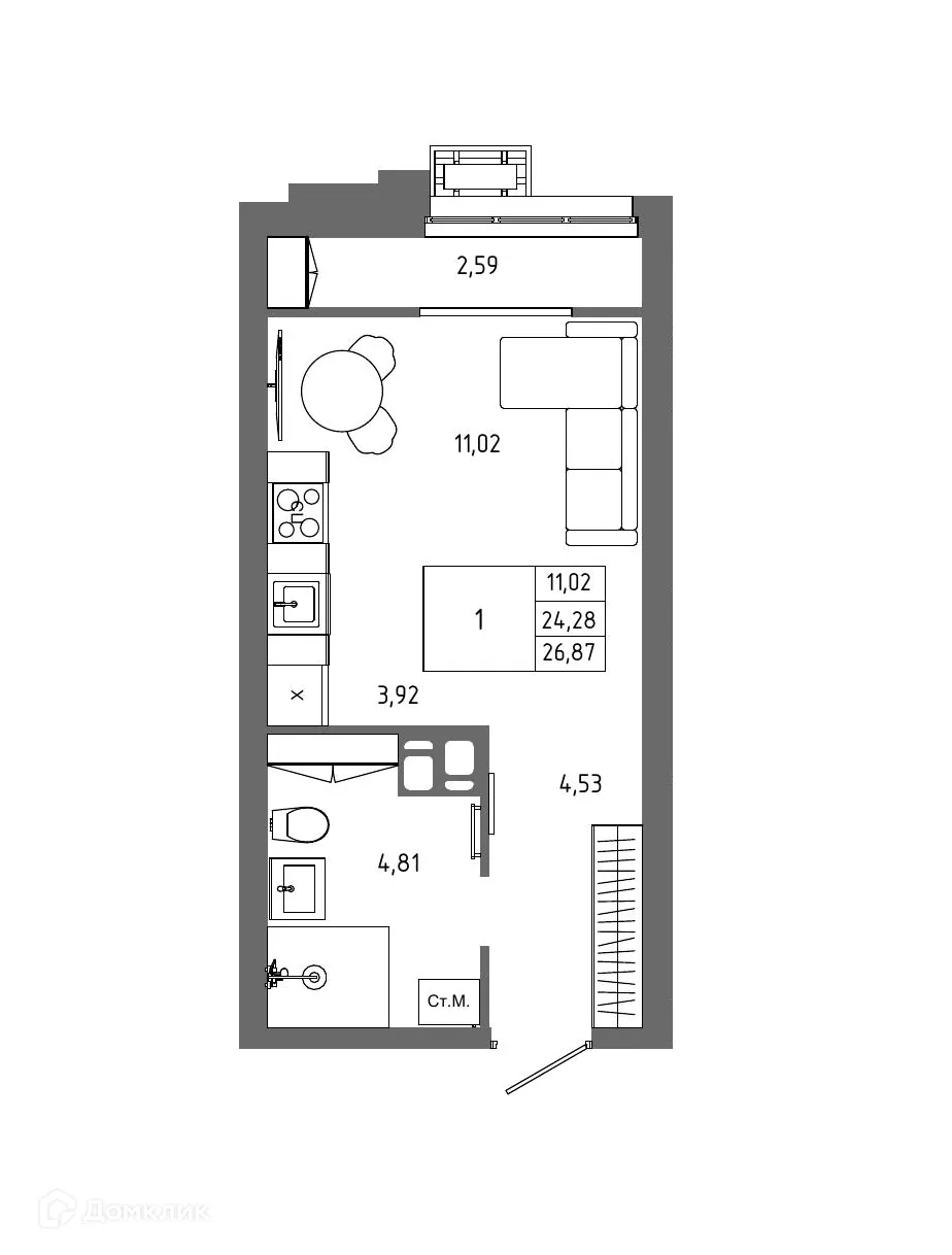 Планировка 1-комнатной квартиры 26.87 м² в ЖК ОМЕГА, г. Волгоград — фото 14