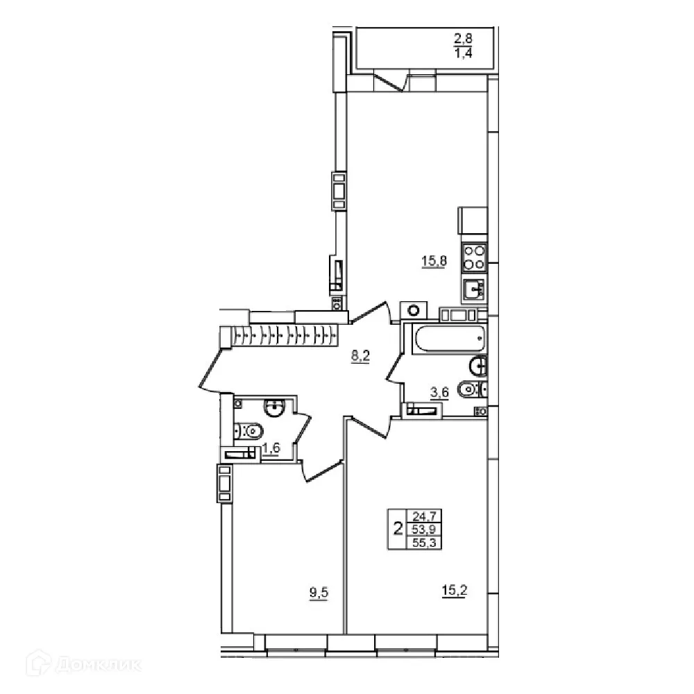 Планировка 2-комнатной квартиры 55.3 м² в ЖК Сталь, г. Волгоград — фото 1