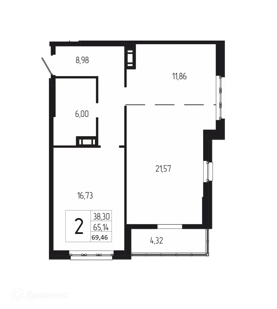 Планировка 2-комнатной квартиры 69.46 м² в ЖК ДУЭТ, г. Волгоград — фото 1