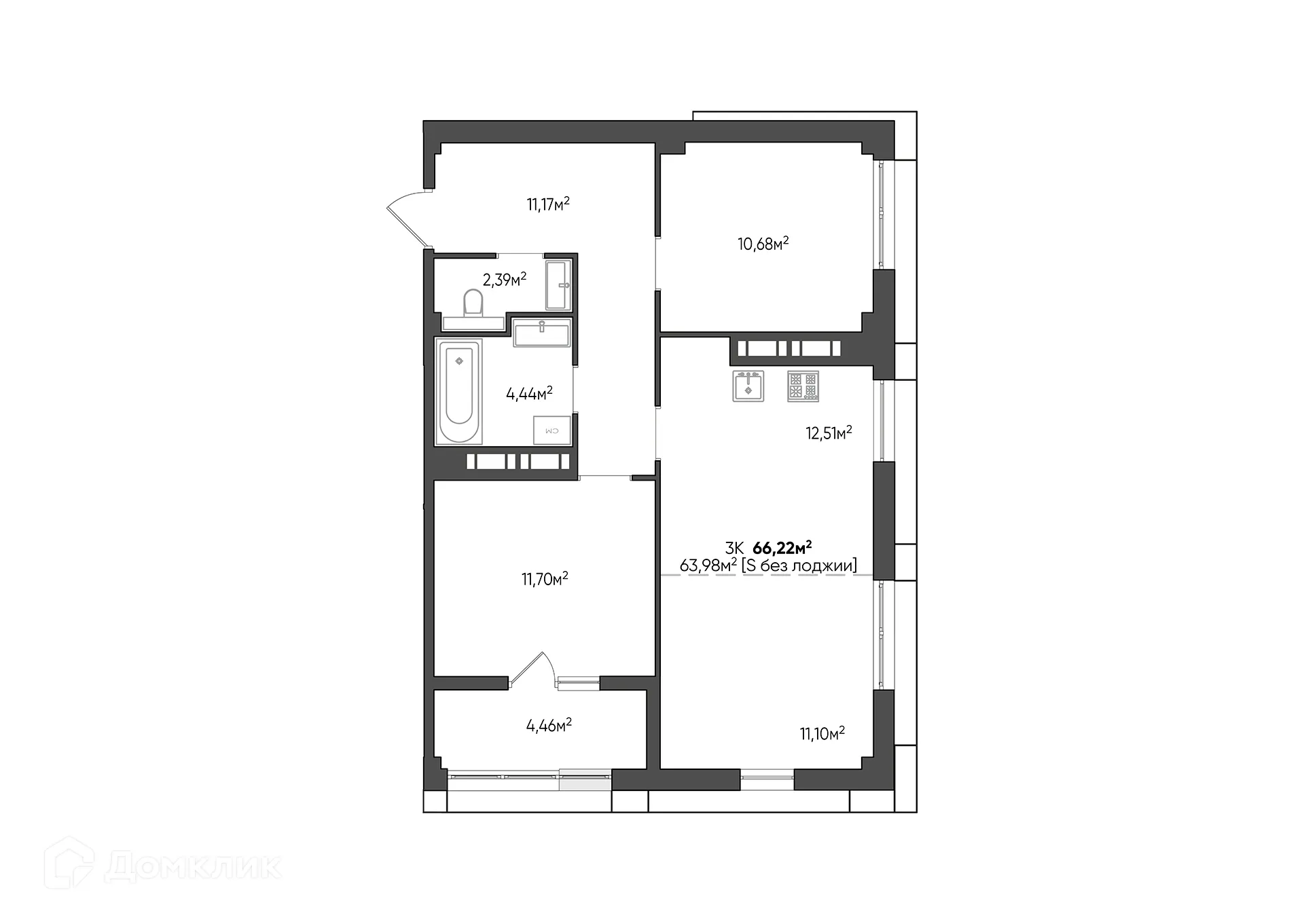 Планировка 3-комнатной квартиры 66.22 м² в ЖК URBN (Урбн), г. Волгоград — фото 11