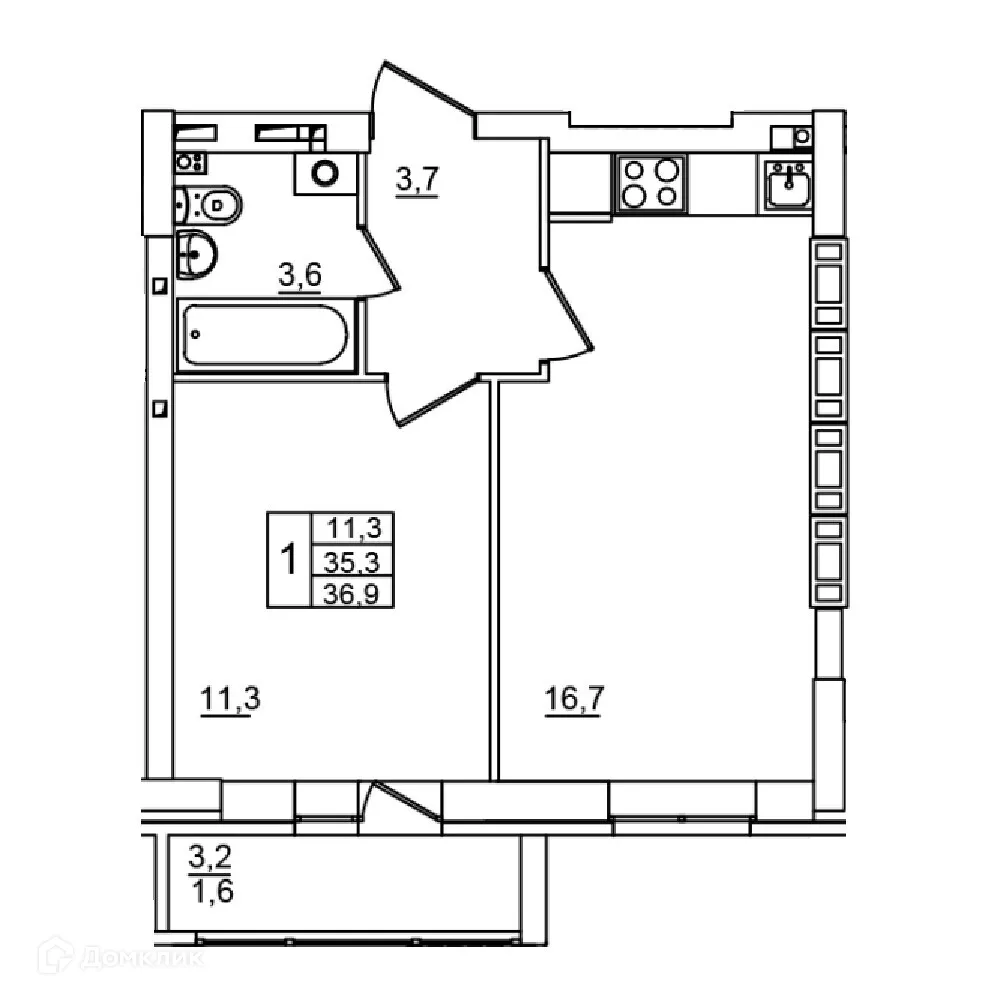 Планировка 1-комнатной квартиры 36.9 м² в ЖК Сталь, г. Волгоград — фото 1