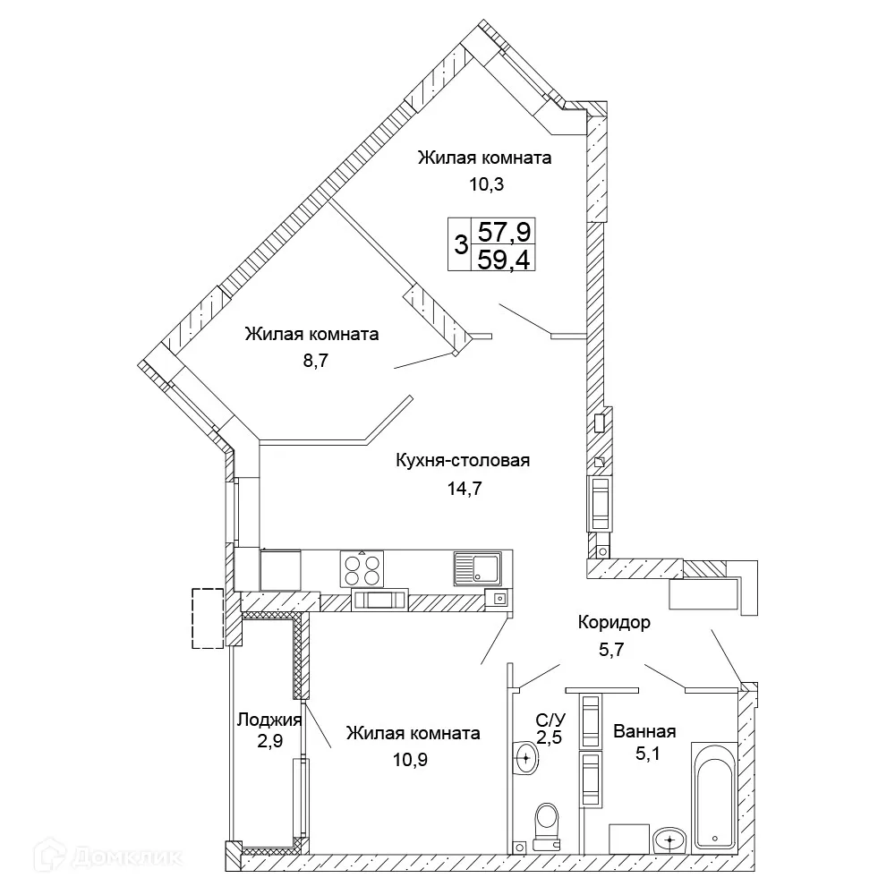 Планировка 3-комнатной квартиры 59.4 м² в ЖК Колизей, г. Волгоград — фото 1