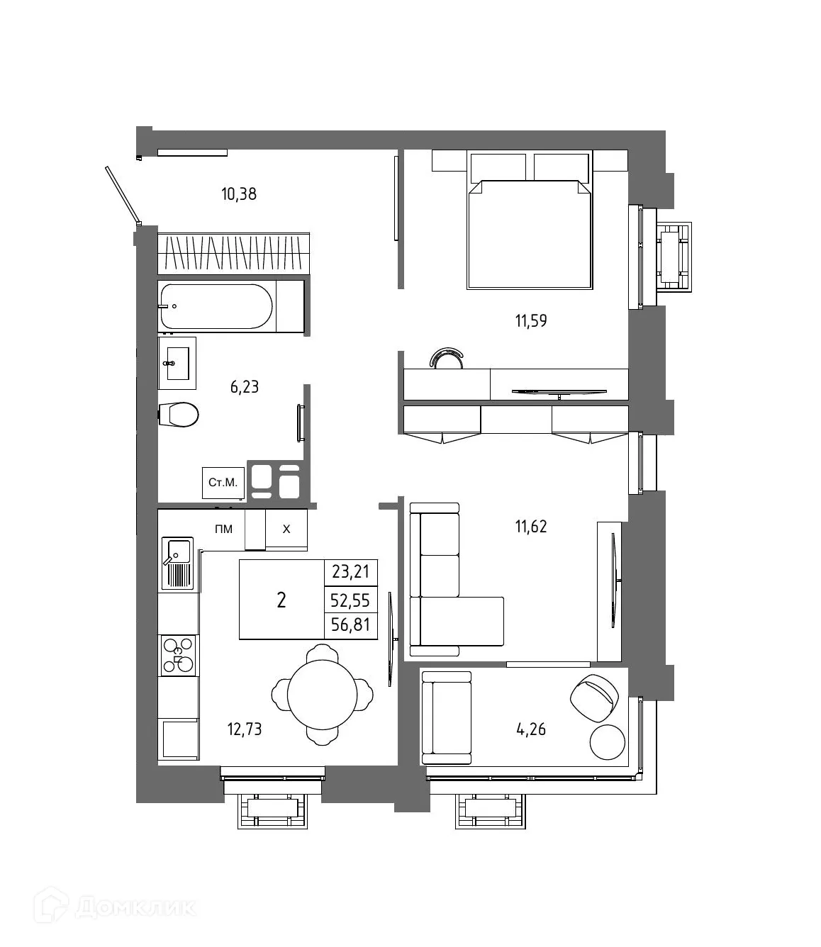 Планировка 2-комнатной квартиры 56.81 м² в ЖК ОМЕГА, г. Волгоград — фото 1