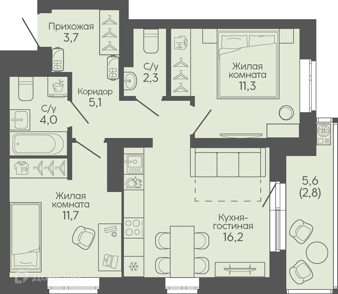 Планировка 2-комнатной квартиры 57.3 м² в ЖК Крылья Качи, г. Волгоград — фото 1