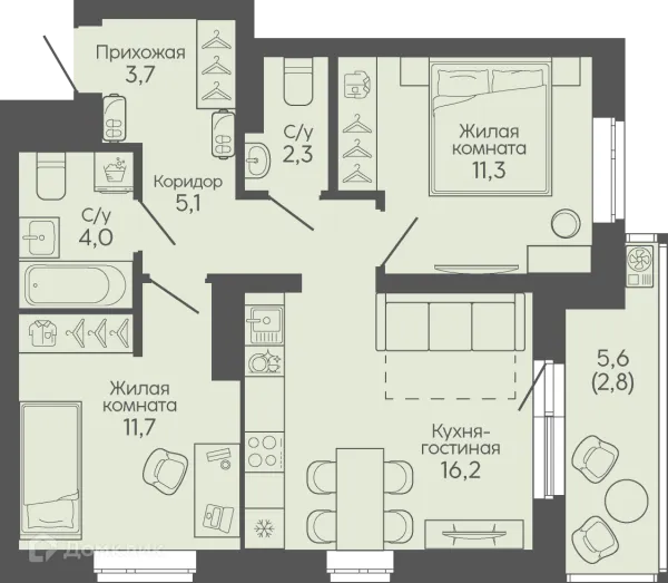 Планировка 2 комн. в ЖК Крылья Качи