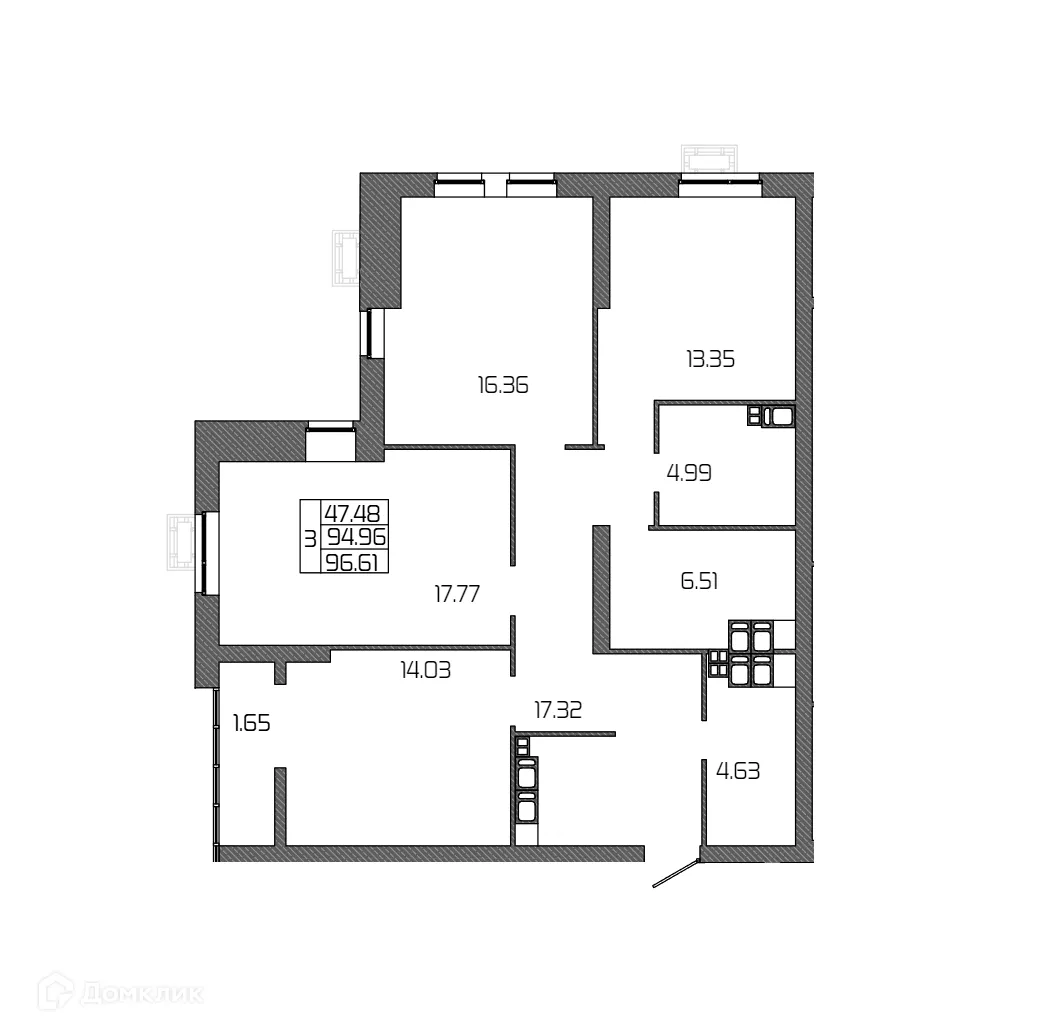 Планировка 3-комнатной квартиры 96.61 м² в ЖК СЕЛЕНА, г. Волгоград — фото 12