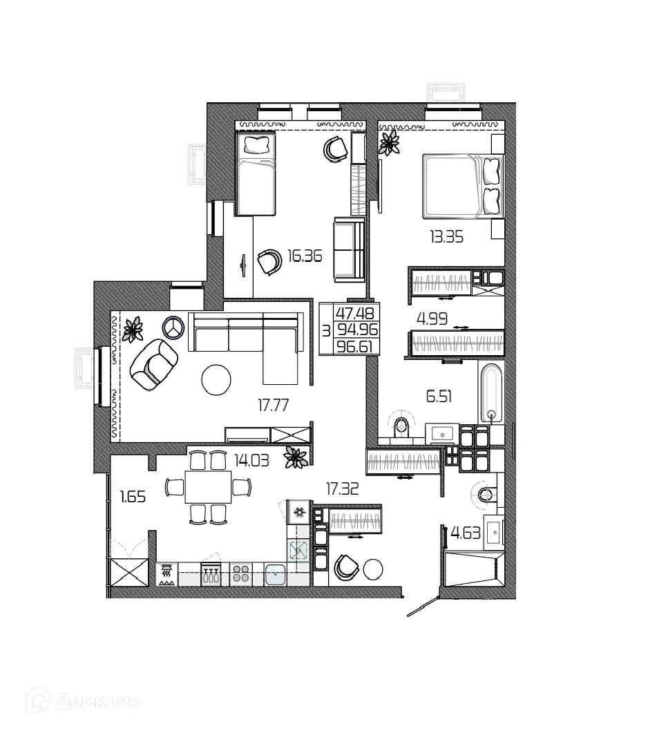 Планировка 3-комнатной квартиры 96.61 м² в ЖК СЕЛЕНА, г. Волгоград — фото 13