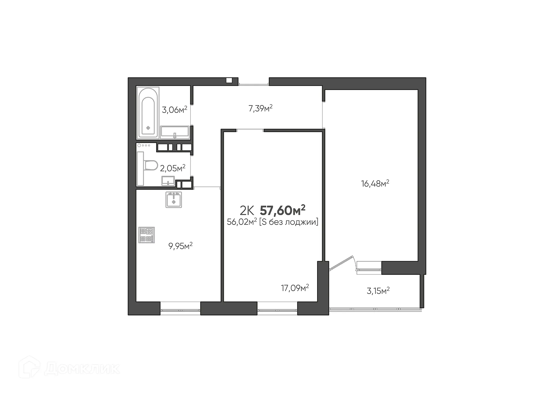 Планировка 2-комнатной квартиры 57.6 м² в ЖК Парк Европейский, г. Волгоград — фото 2