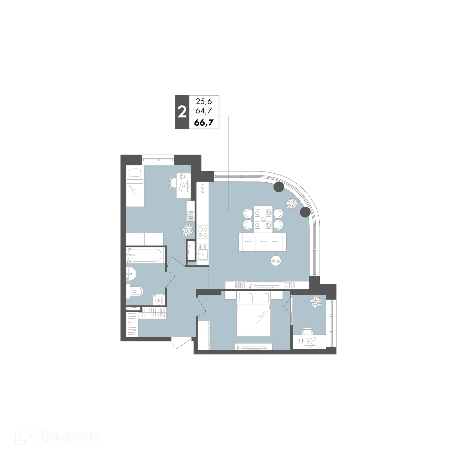 Планировка 2-комнатной квартиры 66.7 м² в ЖК Маяк на Двинской, г. Волгоград — фото 9