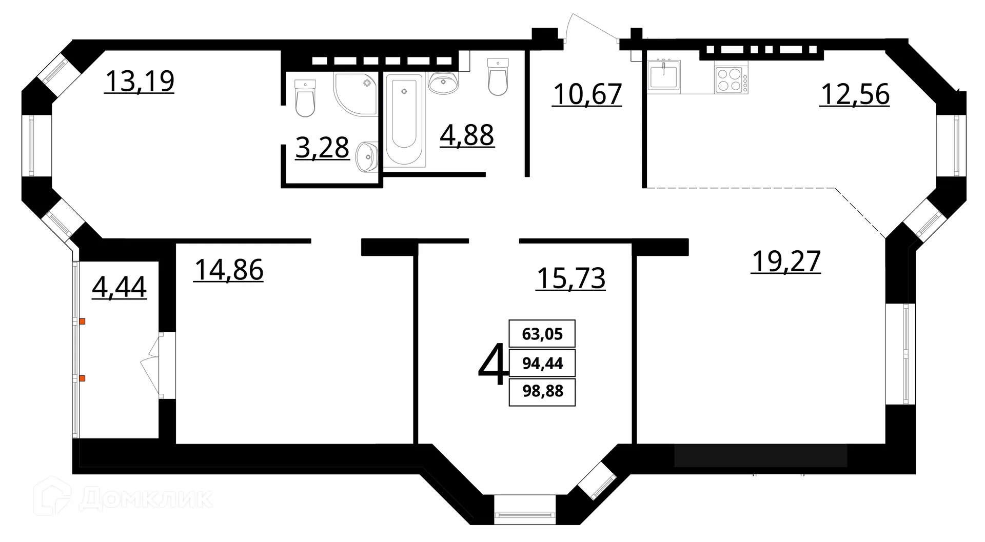 Планировка 4-комнатной квартиры 98.88 м² в ЖК "Резиденция", г. Волгоград — фото 1