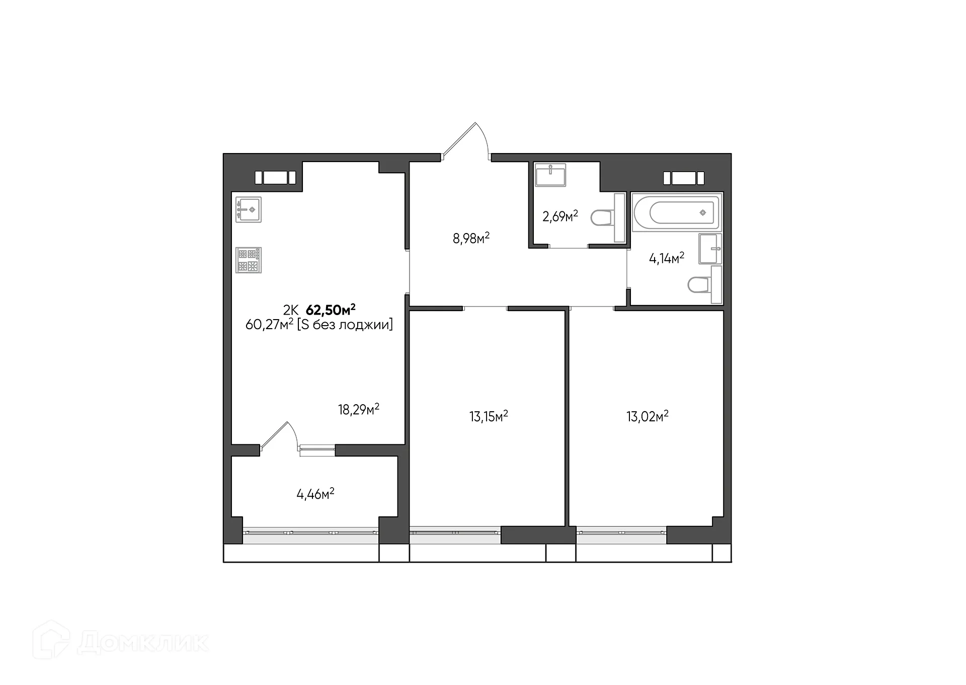 Планировка 2-комнатной квартиры 62.5 м² в ЖК URBN (Урбн), г. Волгоград — фото 11