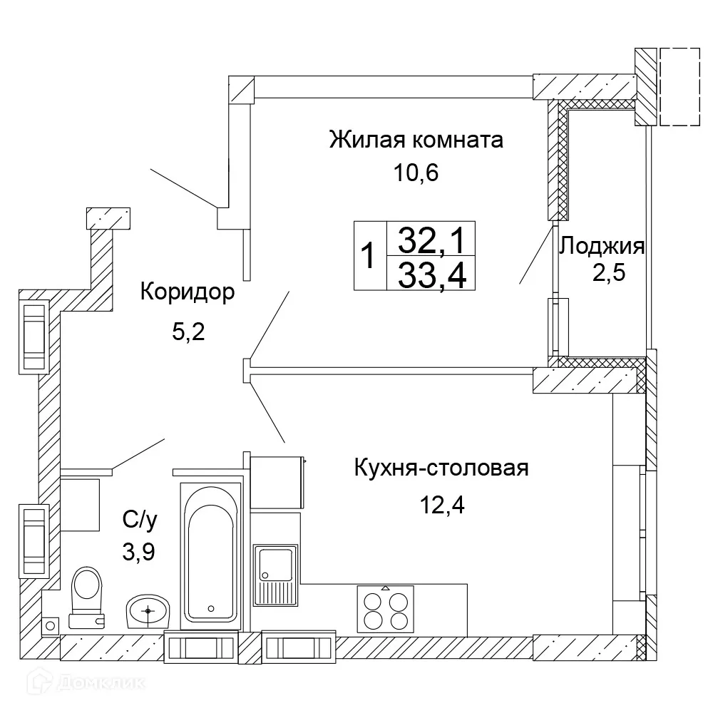 Планировка 1-комнатной квартиры 33.4 м² в ЖК Колизей, г. Волгоград — фото 1