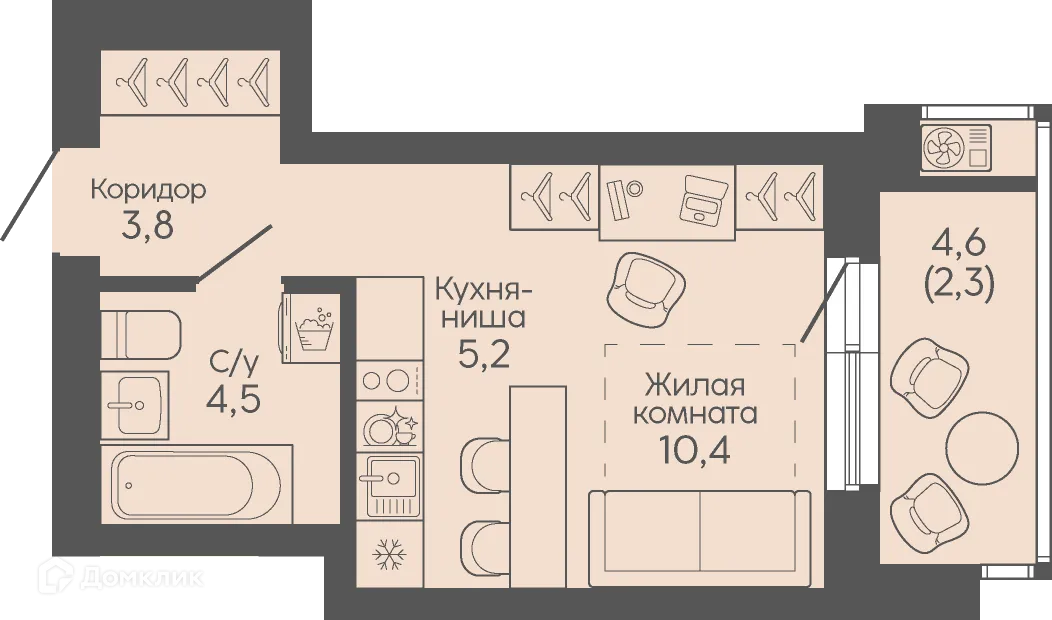 Планировка студии квартиры 26.2 м² в ЖК Крылья Качи, г. Волгоград — фото 1